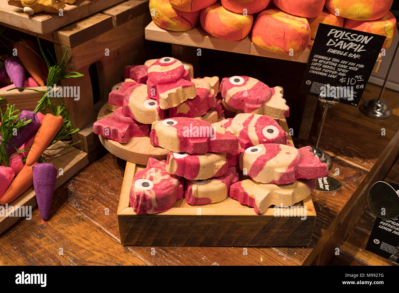 Colorful soaps that look like food on display at the Lush cosmetics