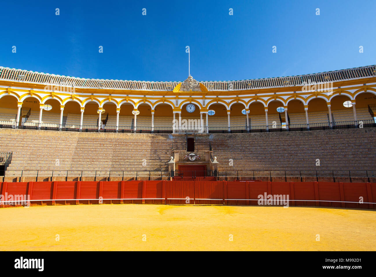 Seville, Spain - November 19,2016: Bullfight arena, plaza de toros at Sevilla.During the annual Seville Fair in Seville, it is the site of one of the  Stock Photo