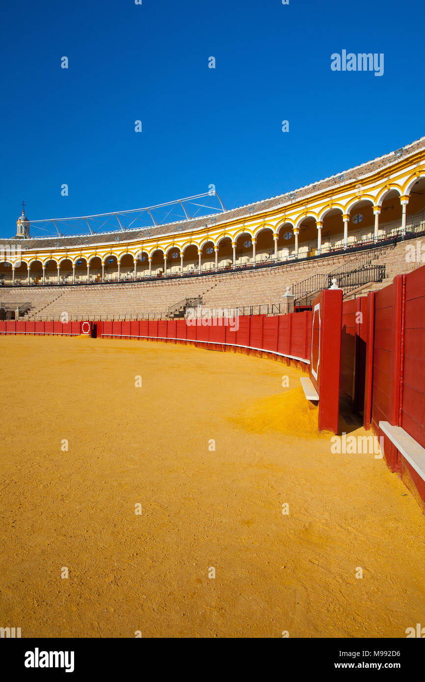 Seville, Spain - November 19,2016: Bullfight arena, plaza de toros at Sevilla.During the annual Seville Fair in Seville, it is the site of one of the  Stock Photo