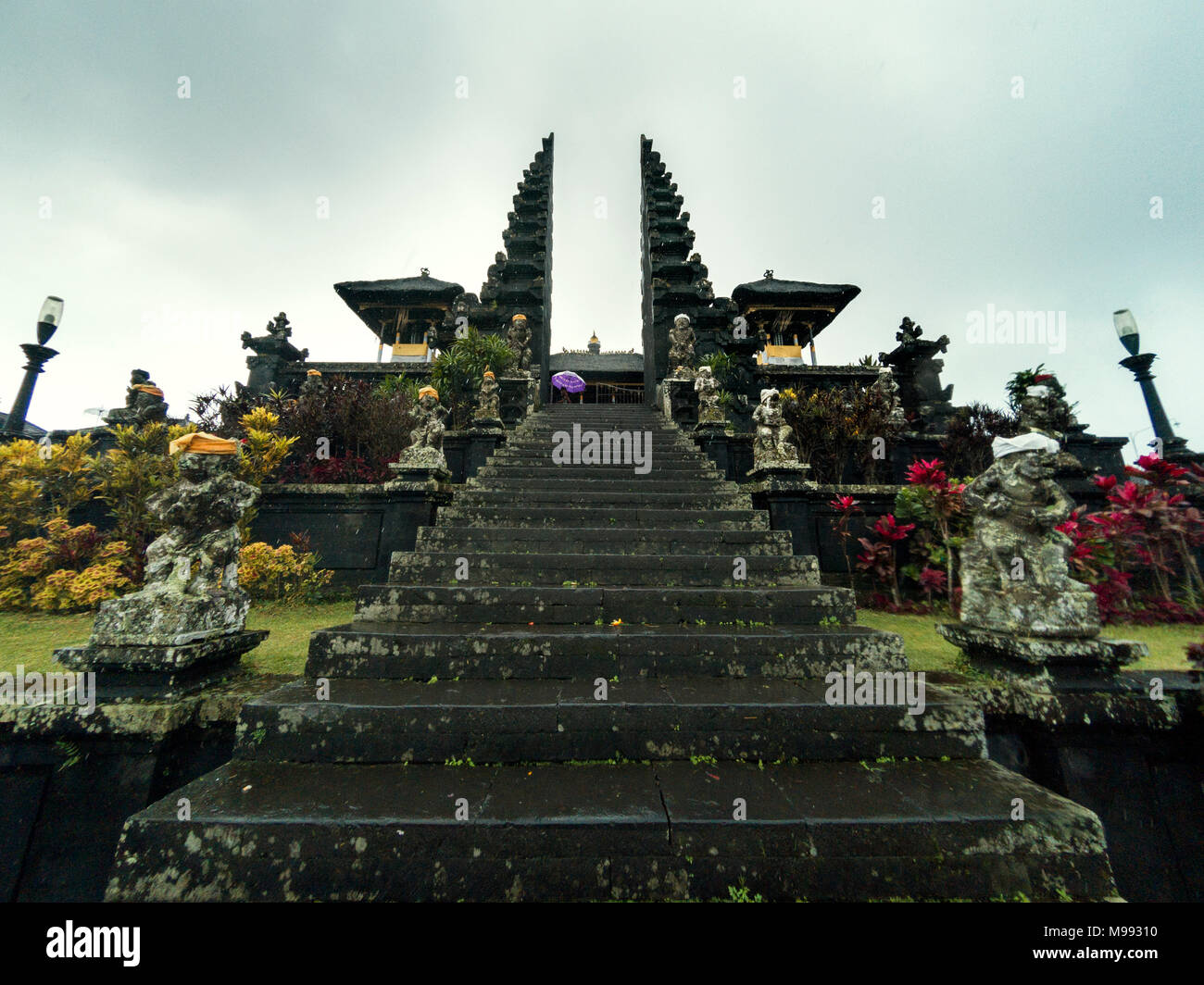 Stairs and Besakih temple, Bali Indonesia. Stock Photo