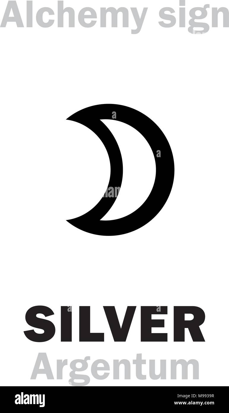 Alchemy Alphabet: SILVER (Argentum, Luna; Artemis) — metal of the moon, precious/noble/value metal. Chemical formula=[Ag]. Medieval alchemical sign (… Stock Vector
