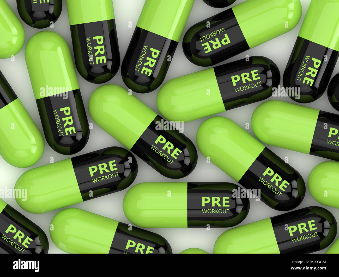 3d render of preworkout pills lying on table. Sport supplements
