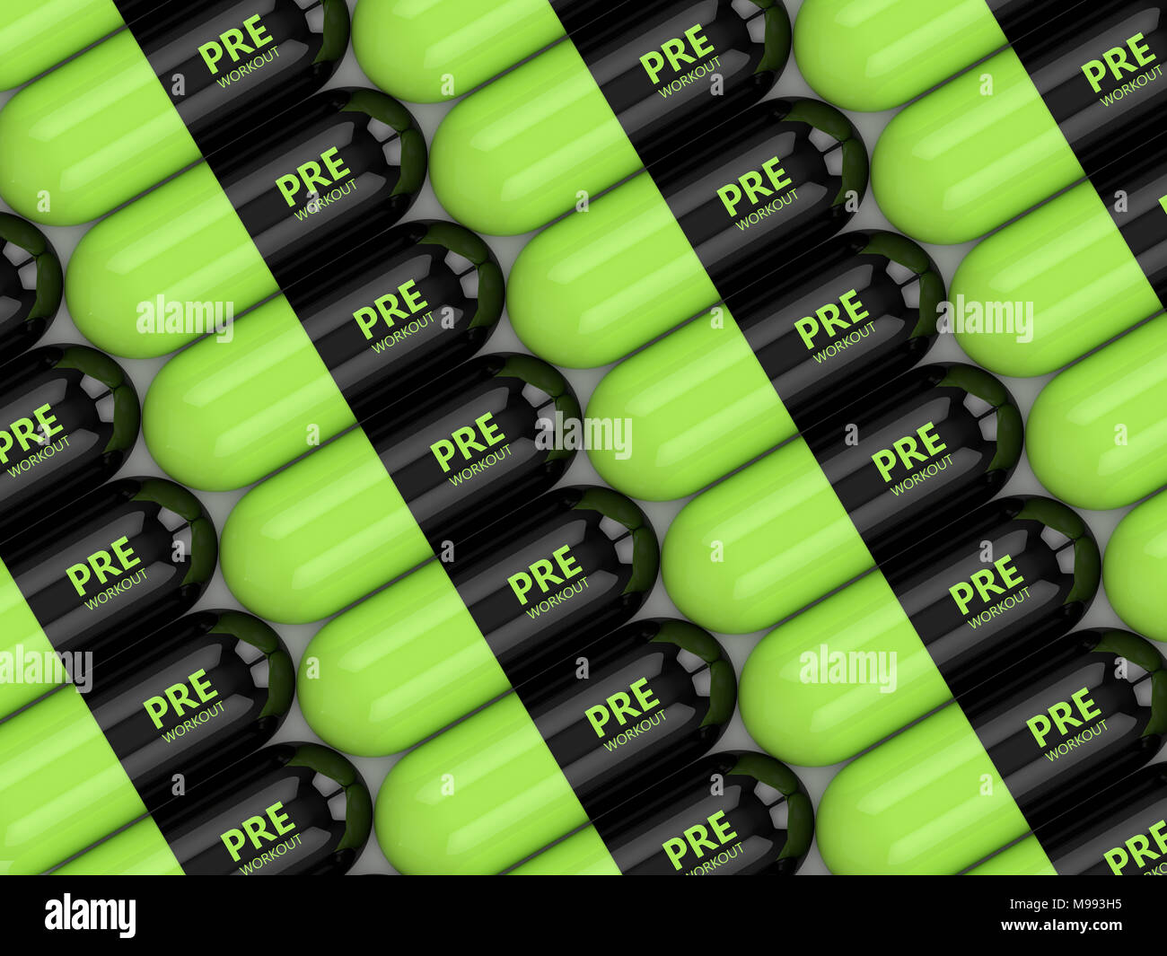3d render of preworkout pills lying in row. Sport supplements concept