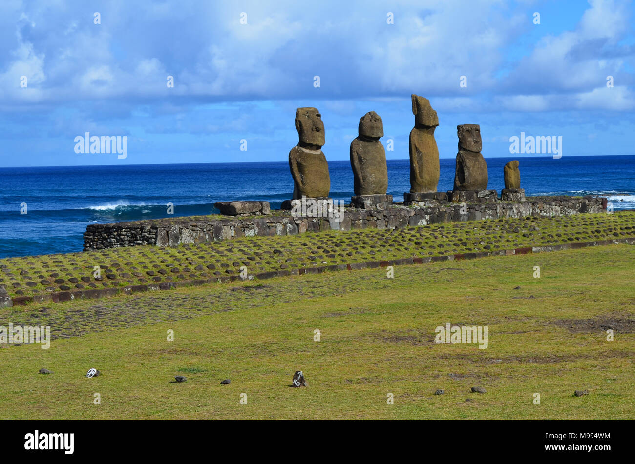 Moais at Ahu Tahai ceremonial complex near Hanga Roa, Rapa Nui (Easter Island) Stock Photo