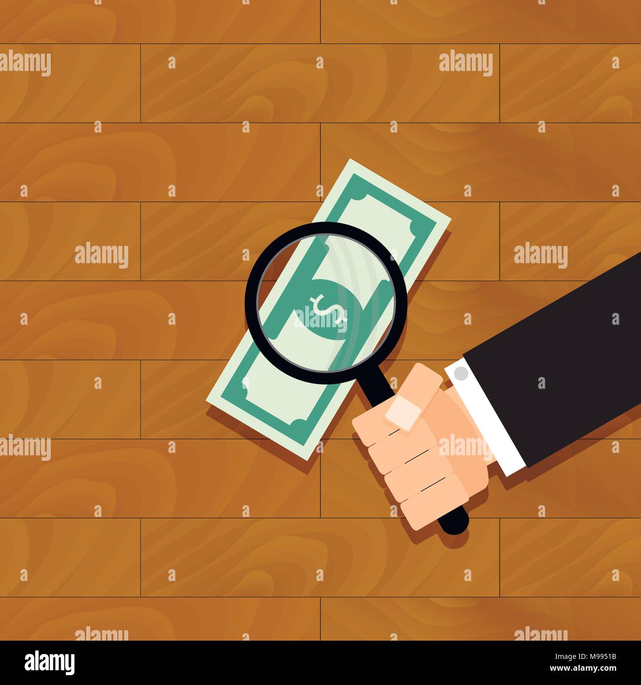 Find money concept. Search dollar with magnifying glass, investment discovery, vector illustration Stock Vector