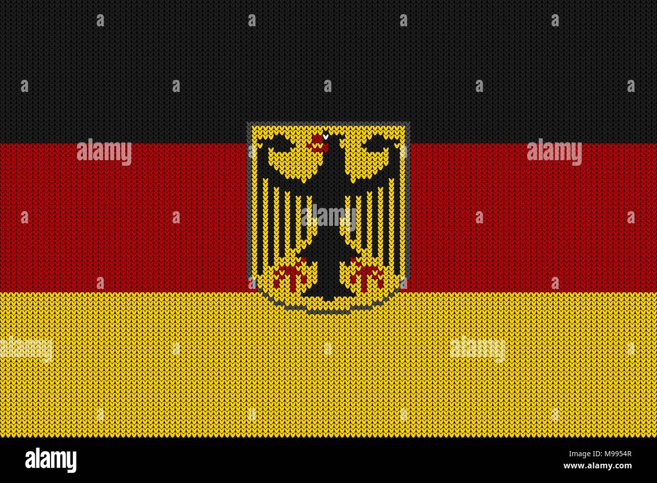 Flag and federal coat of arms of Germany on a vector knitted woolen texture. Knitted German flag and emblem creates seamless pattern Stock Vector
