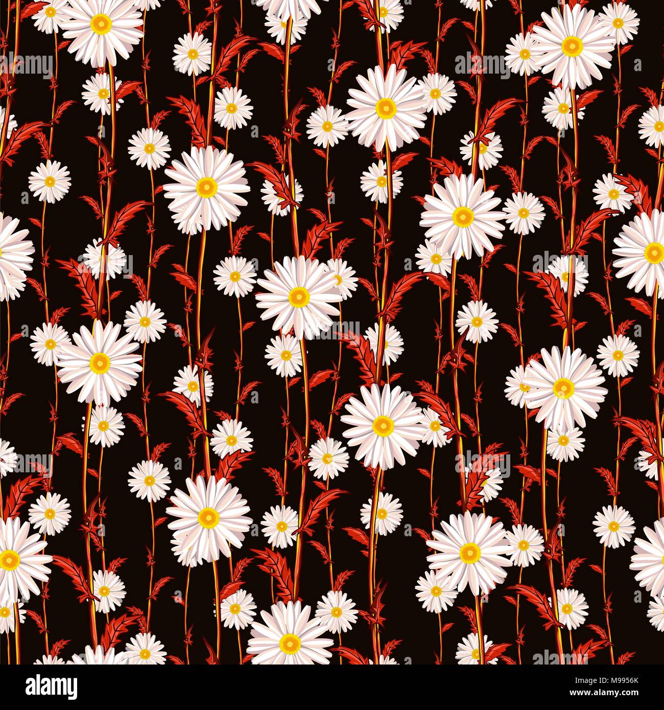 Seamless pattern from field chamomiles from the red forest. Night Stock Vector