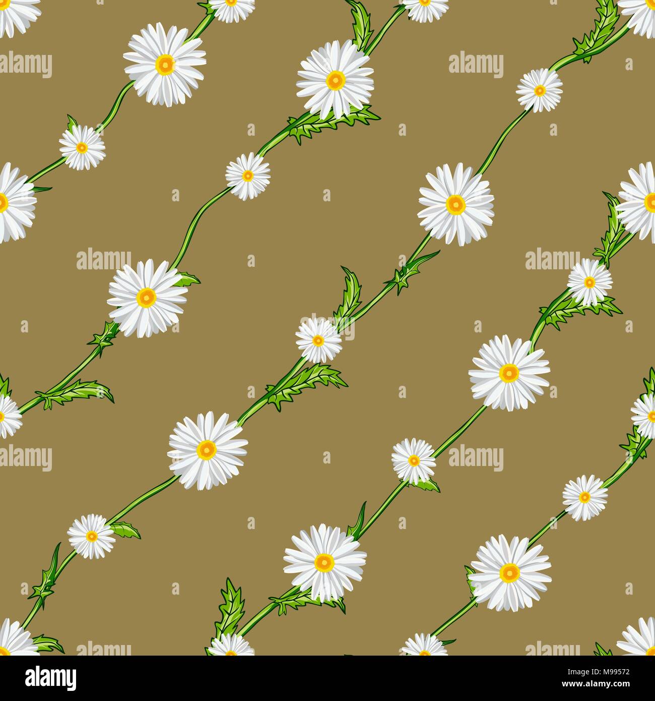 Seamless pattern from field chamomiles on stems diagonally. Flowers, stems and background are separated Stock Vector