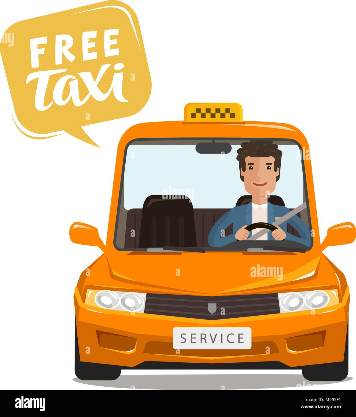 Free taxi, concept. Happy driver rides a car. Cartoon vector illustration Stock Vector