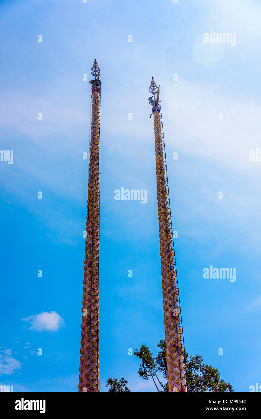 Very tall towers at a Buddhist Temple in a rural area of Cambodia Stock Photo