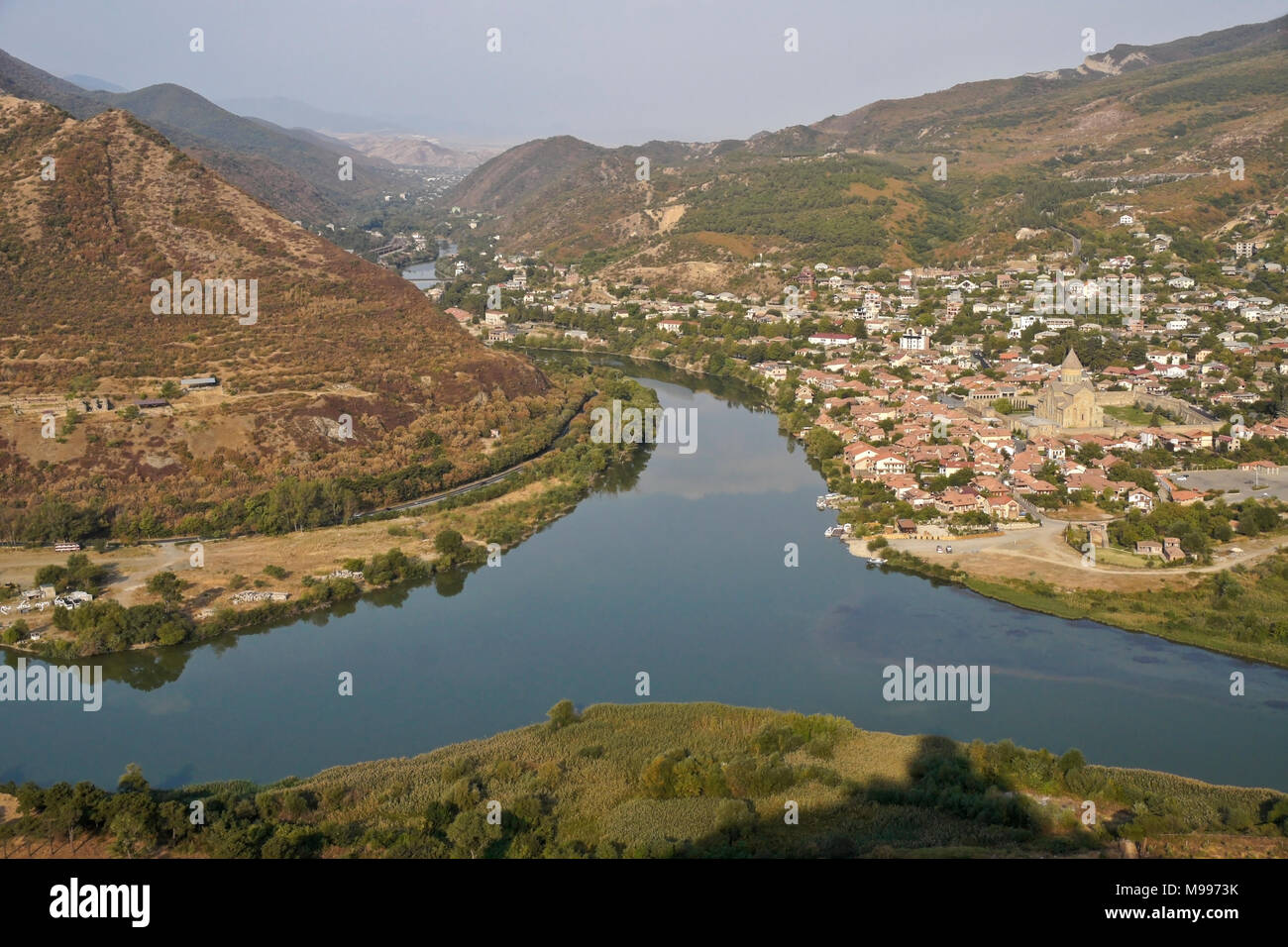 View from Jvari (Holy Cross) Church, where the Aragvi and Mtkvari (Kura) Rivers converge at the ancient capital city of Mtskheta, Georgia Stock Photo