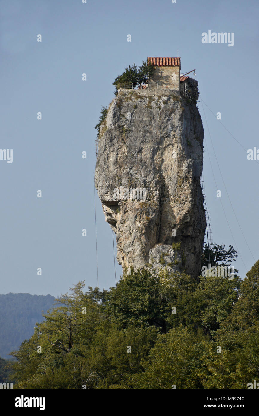 Katskhi Pillar, a limestone monolith with a small church on top, Katskhi, Caucasus, Georgia Stock Photo