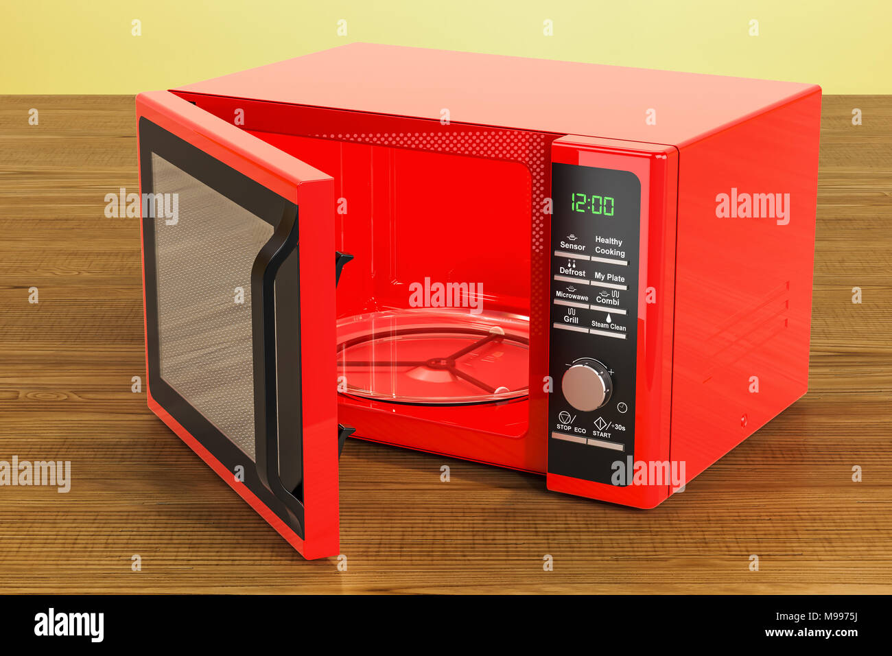 Microondas rojo sobre la mesa de madera. 3D rendering Fotografía de stock -  Alamy