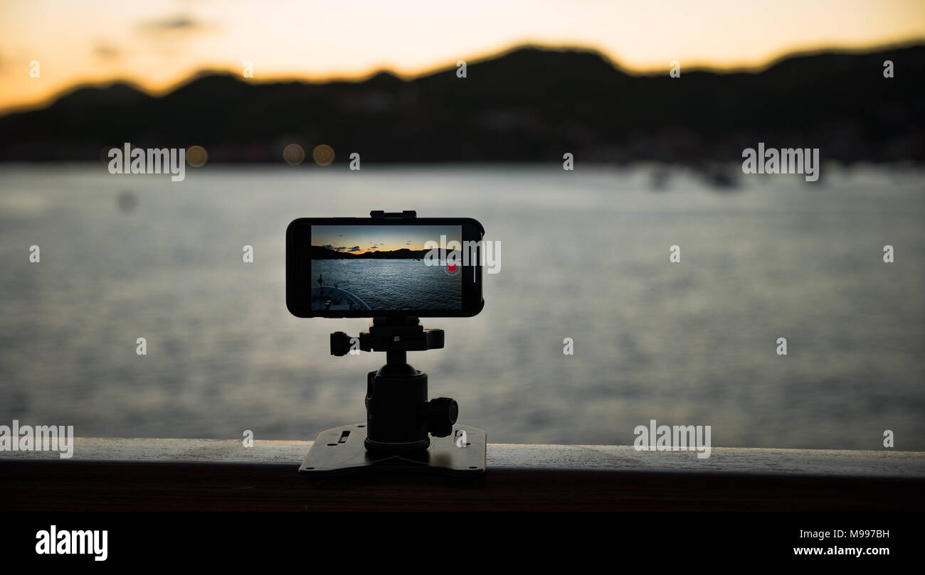 Smartphone camera filming a coastline landscape time-lapse Stock Photo