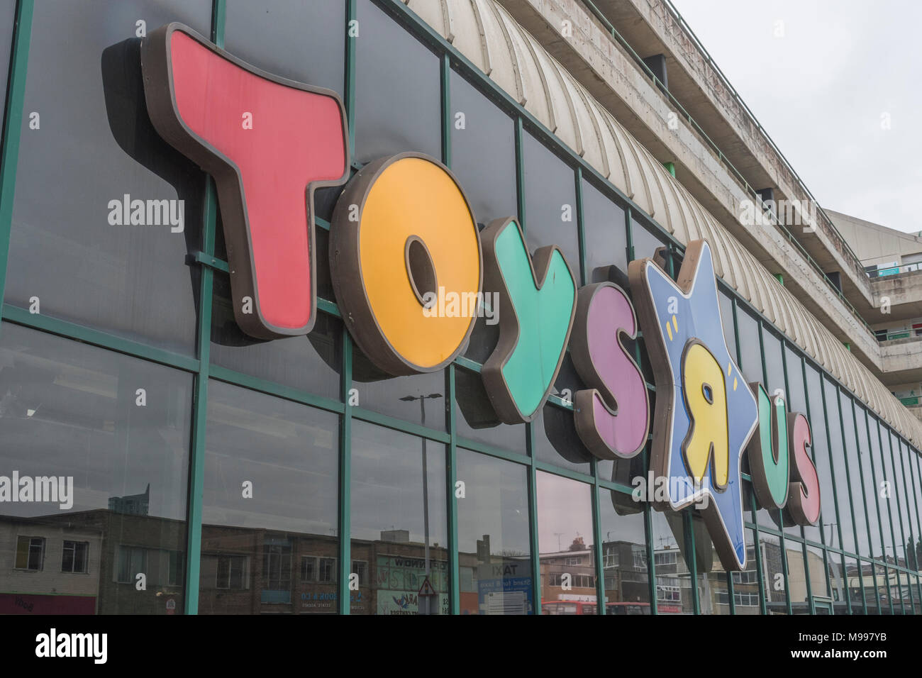 Front of the closed Toys R Us shop in Plymouth, Devon. Metaphor for high street retail casualties. Death of the high street metaphor, out of business. Stock Photo