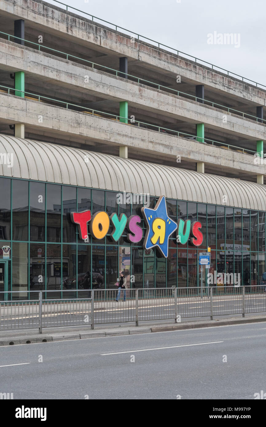 Front of the closed Toys R Us shop in Plymouth, Devon. Metaphor for high street retail casualties. Death of the high street metaphor, out of business. Stock Photo