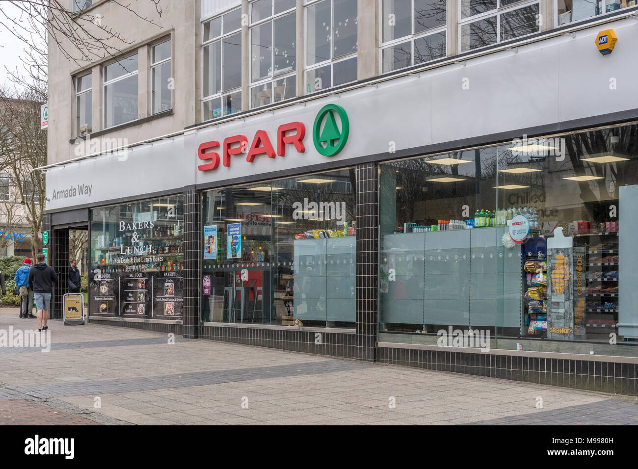 Death of the High Street metaphor / concept - Exterior of SPAR shop on Armada Way, Plymouth, Devon. UK supermarkets. Stock Photo