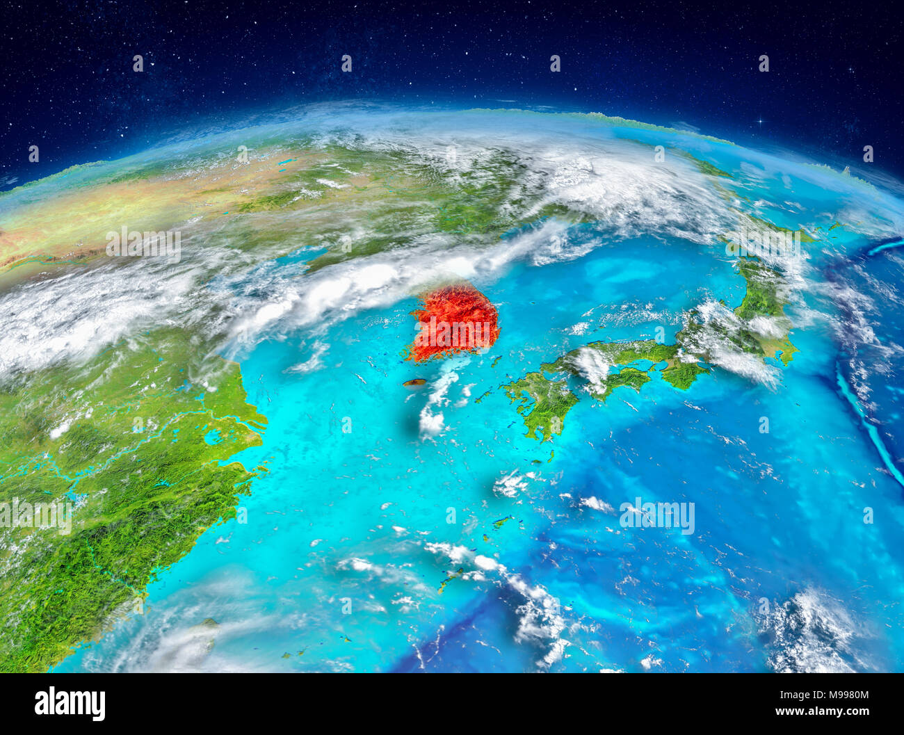 Orbit view of South Korea highlighted in red on planet Earth with ...