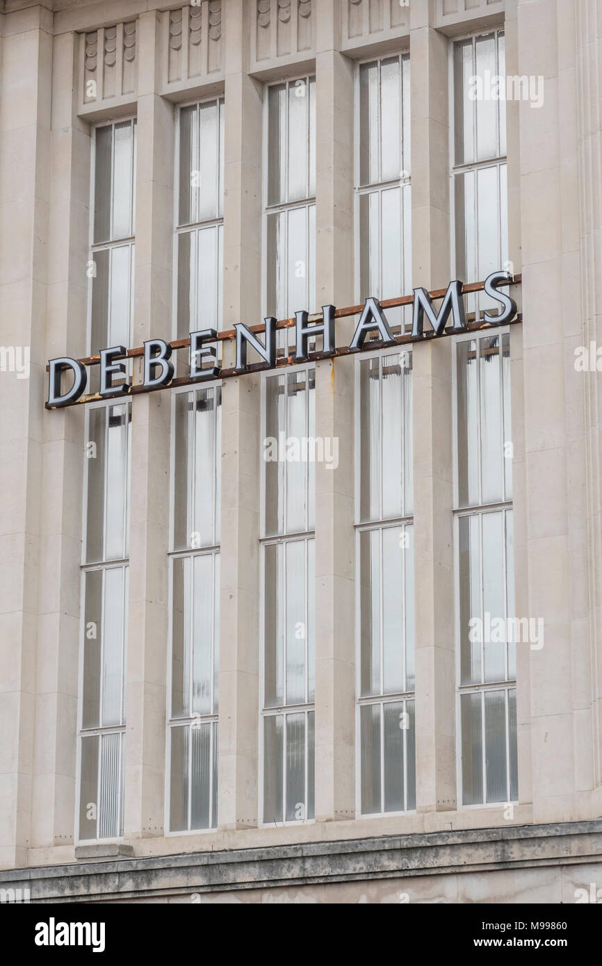Exterior of Debenhams retail shop in Plymouth with copy space, Devon. Metaphor for 2018 Debenhams profits plunge. Death of the high street concept. Stock Photo