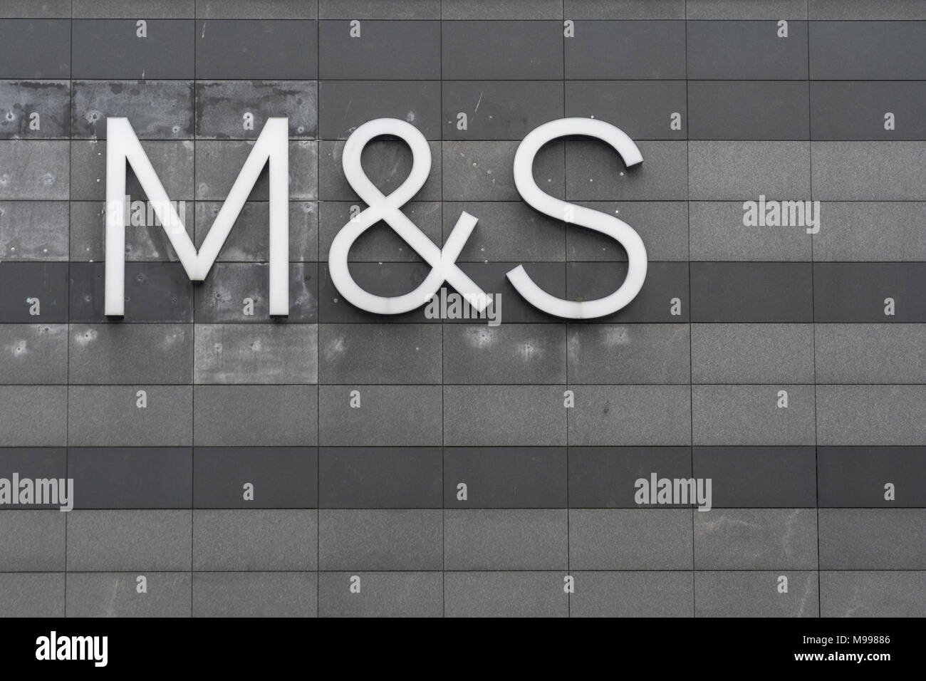 Marks and Spencer / M&S logo at Drake Centre, Plymouth. Possibly for M&S store closures, bleak outlook, profit warning, profits plunge, job cuts. Stock Photo
