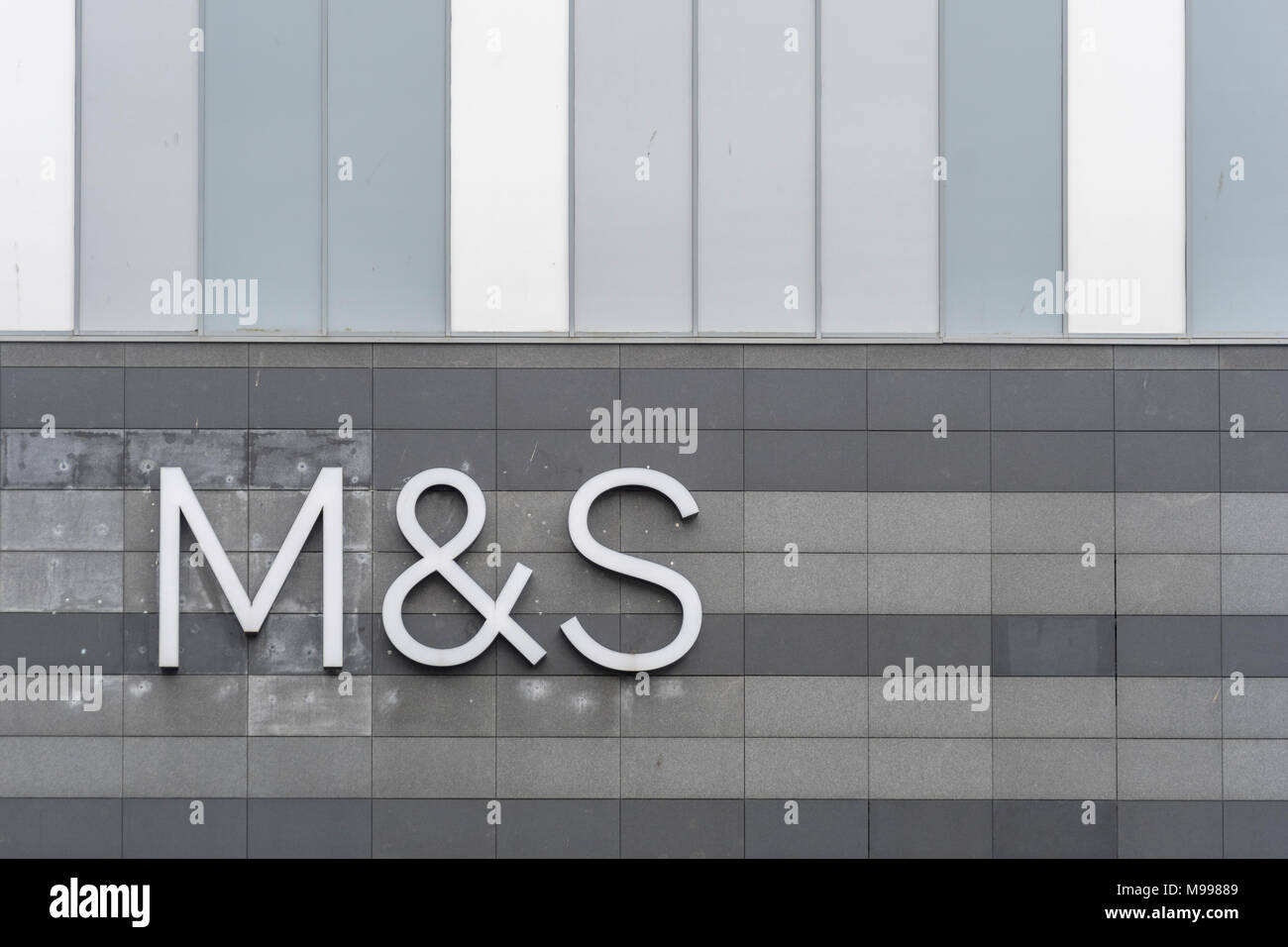 Marks and Spencer / M&S logo at Drake Centre, Plymouth. Possibly for M&S store closures, bleak outlook, profit warning, profits plunge, job cuts. Stock Photo