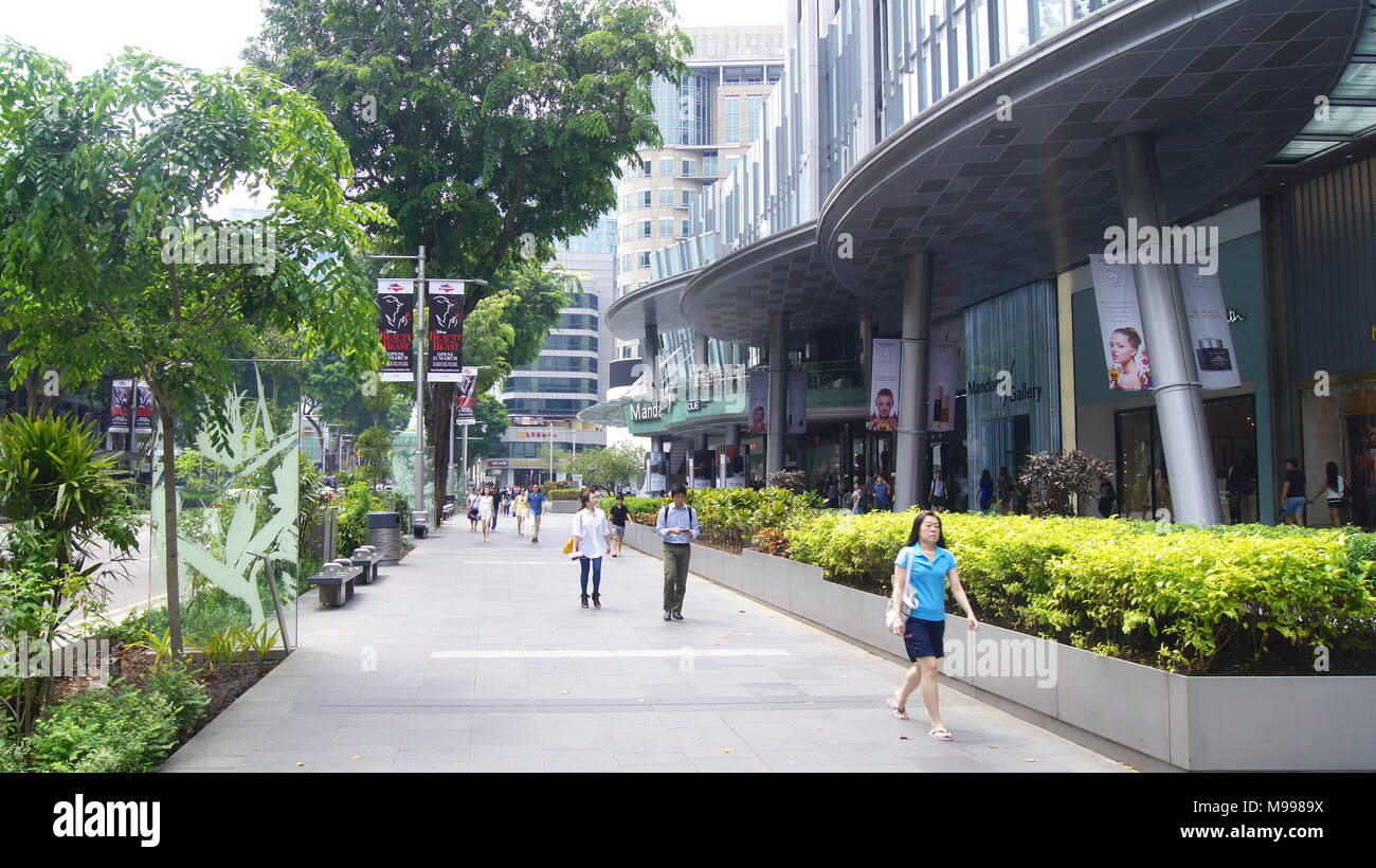 SINGAPORE - APR 3rd 2015: Aerial view of sidewalk of Orchard road in Singapore. Orchard road is one of best shopping district in Singapore Stock Photo