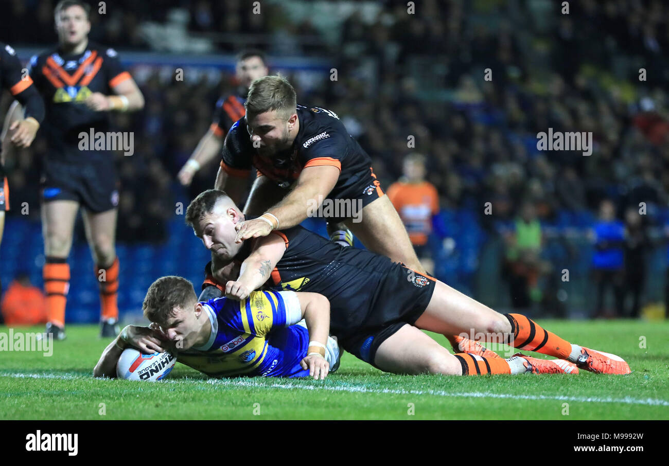 Leeds Rhinos' Ash Handley dives in to score his sides second try during the Betfred Super League match at Elland Road, Leeds. Stock Photo