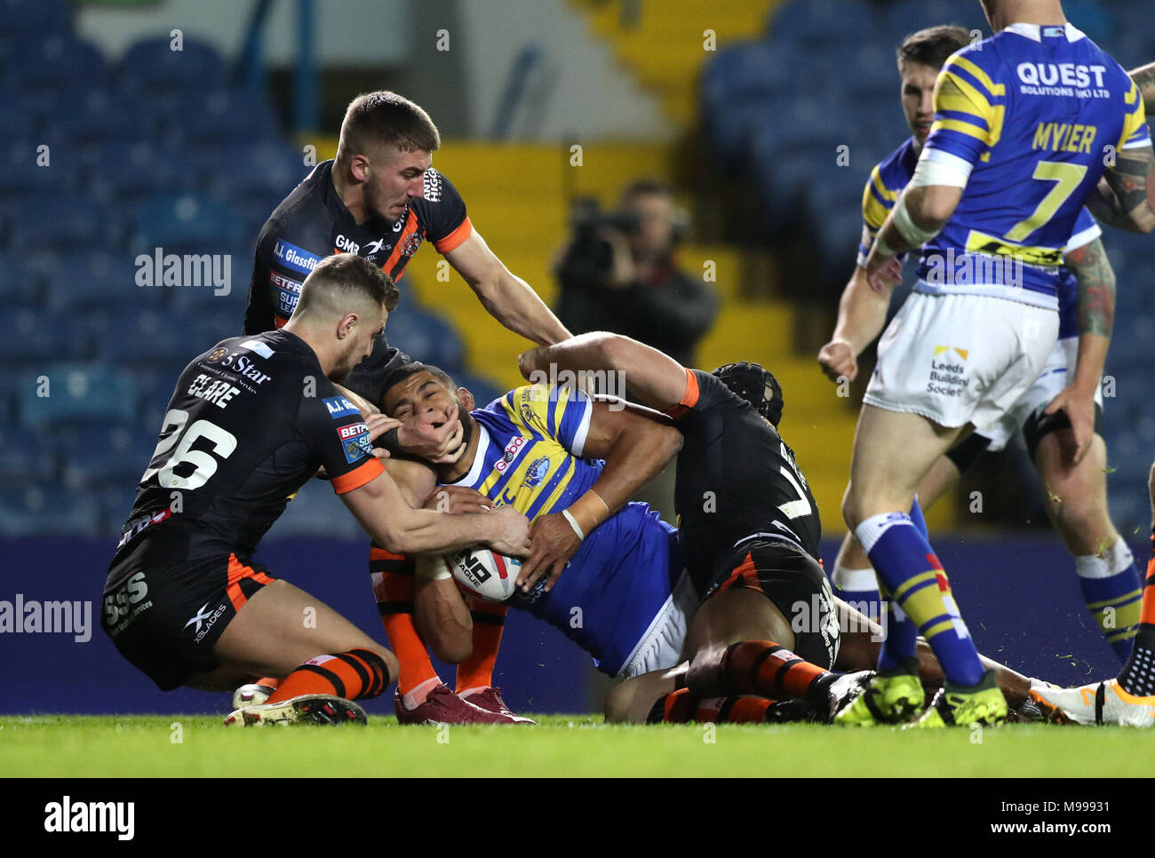 Leeds Rhinos' Kallum Watkins dives in to score his sides first try during the Betfred Super League match at Elland Road, Leeds. Stock Photo