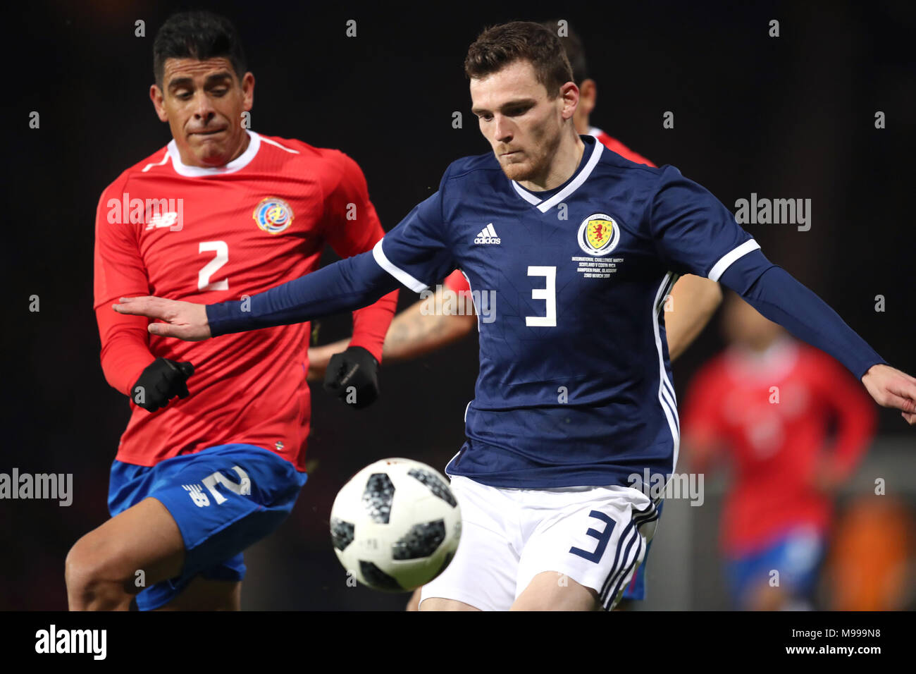 Scotland's Andrew Robertson (right) and Costa Rica's Johnny Acosta battle for the ball during the international friendly match at Hampden Park, Glasgow. Stock Photo