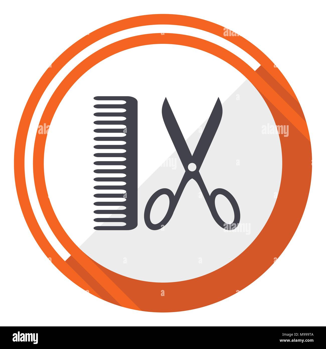 Barber flat design vector web icon. Round orange internet button isolated on white background. Stock Vector