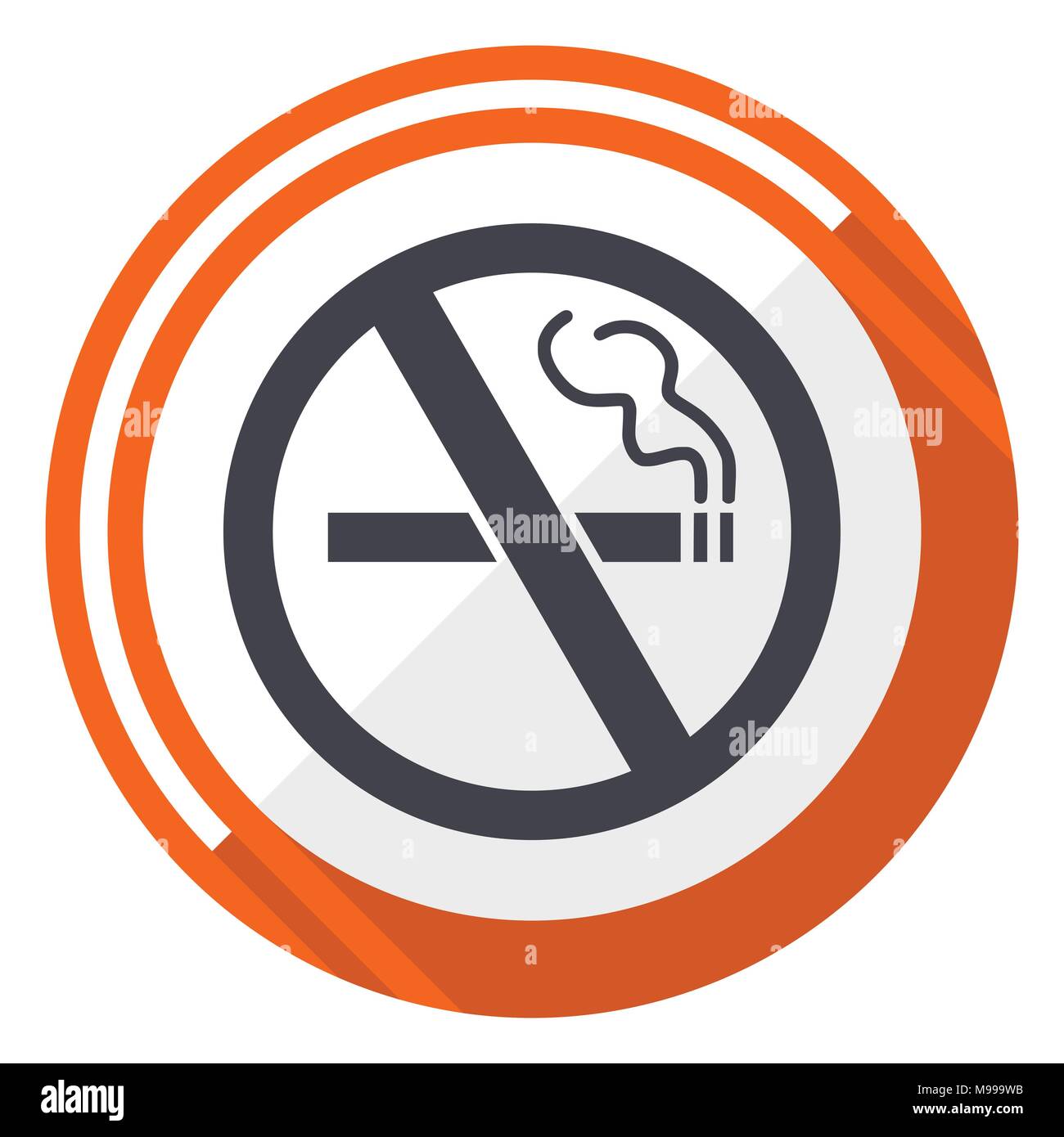 No smoking flat design vector web icon. Round orange internet button isolated on white background. Stock Vector
