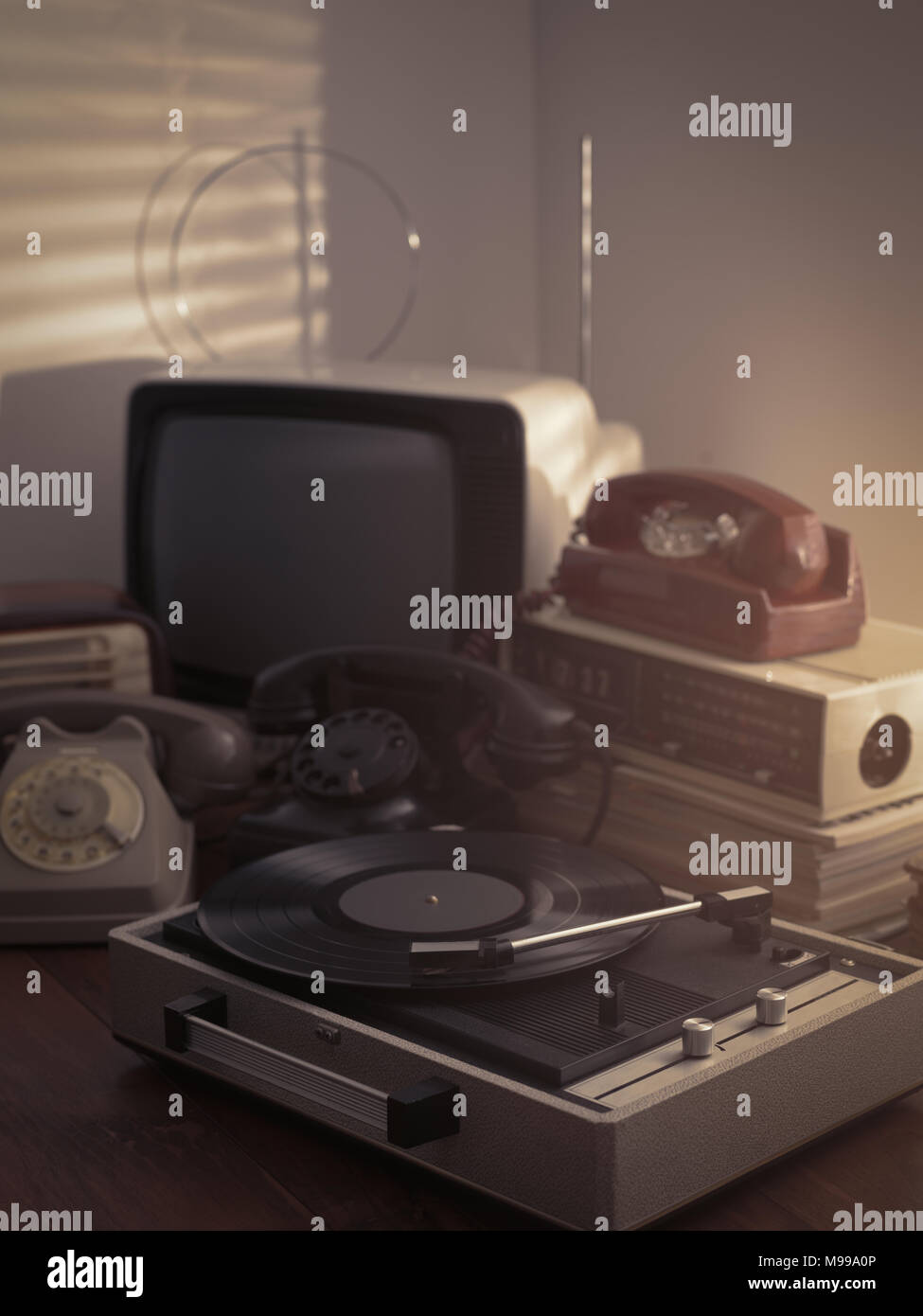 vintage retro revival objects and appliances assortment on a table turntable record player on the foreground M99A0P