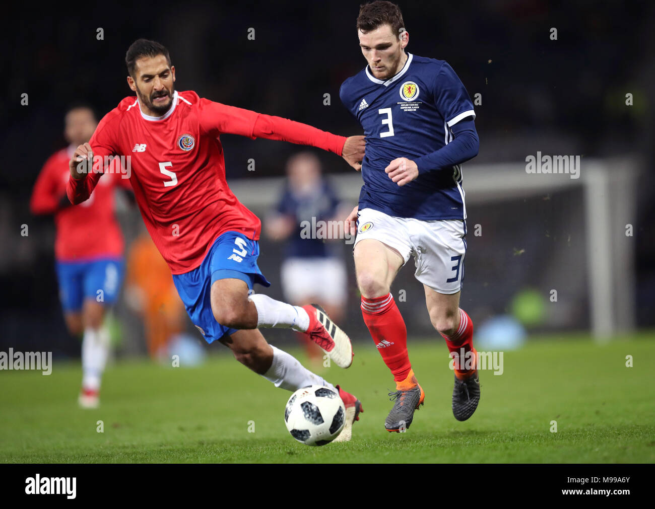 Scotland's Andrew Robertson (right) and Costa Rica's Celso Borges battle for the ball during the international friendly match at Hampden Park, Glasgow. Stock Photo