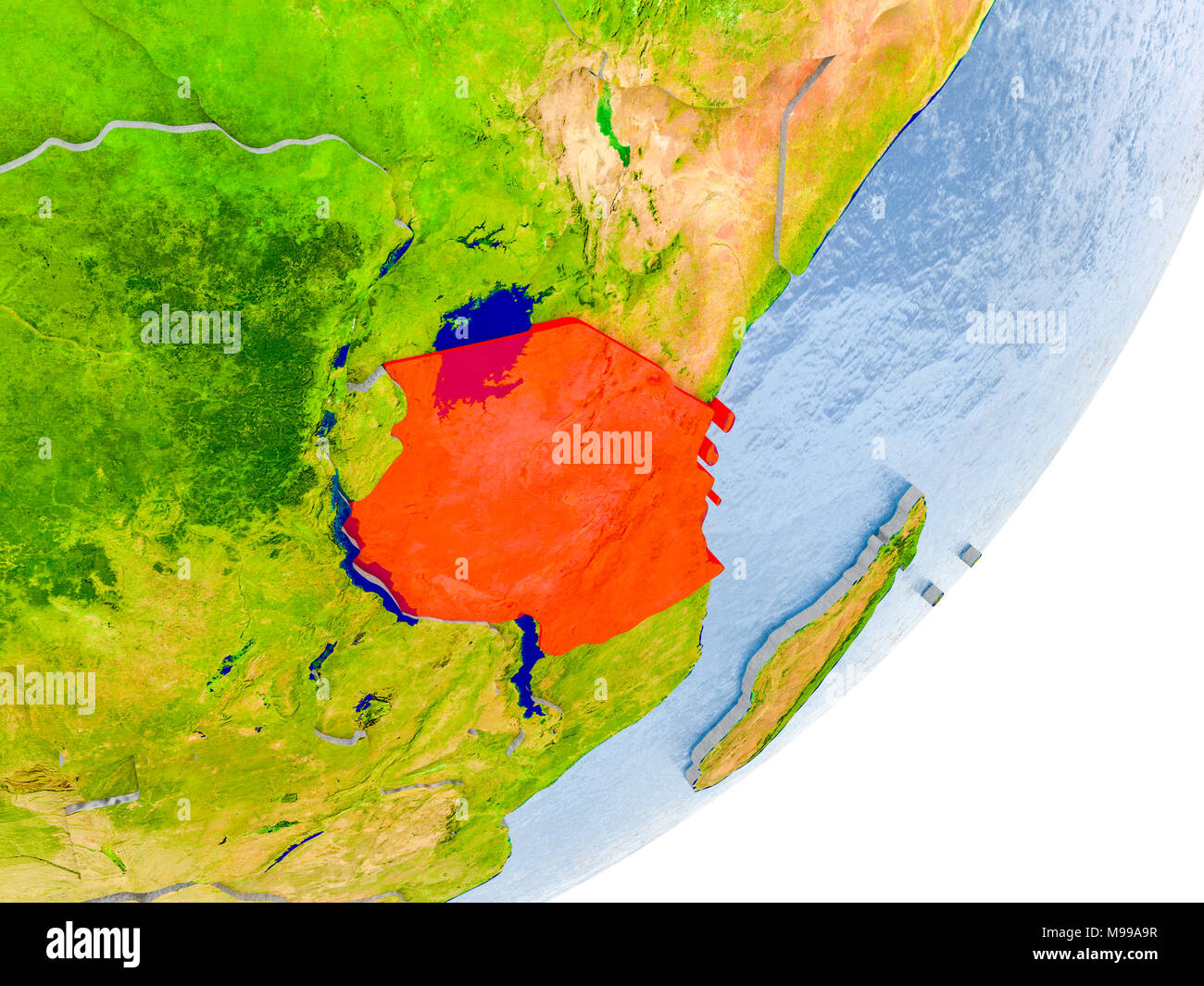 3D render of Tanzania on political globe with embossed countries with ...