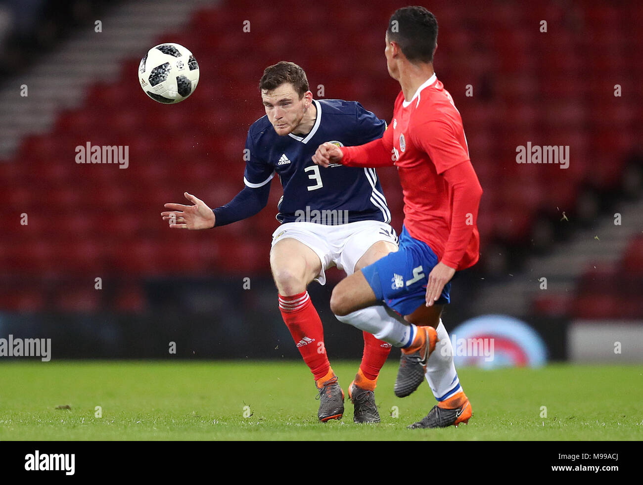 Scotland's Andrew Robertson (left) and Costa Rica's Ian Smith battle for the ball during the international friendly match at Hampden Park, Glasgow. Stock Photo