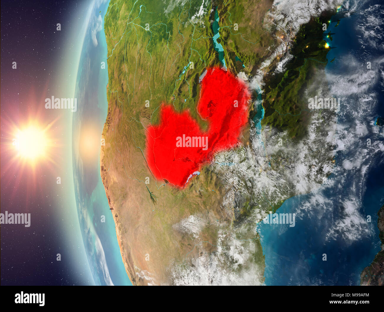Zambia as seen from space on planet Earth during sunset. 3D ...