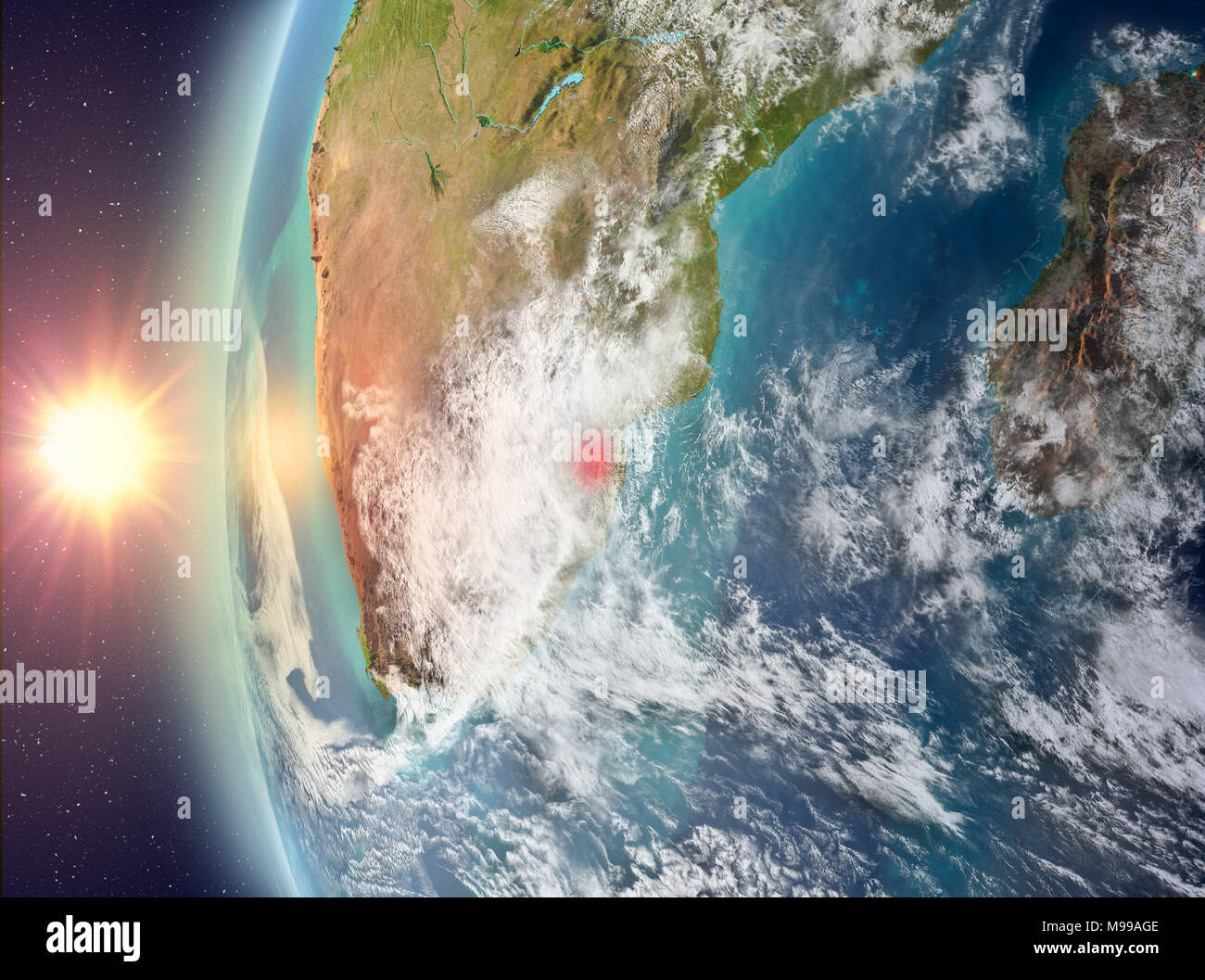 Swaziland as seen from space on planet Earth during sunset. 3D ...