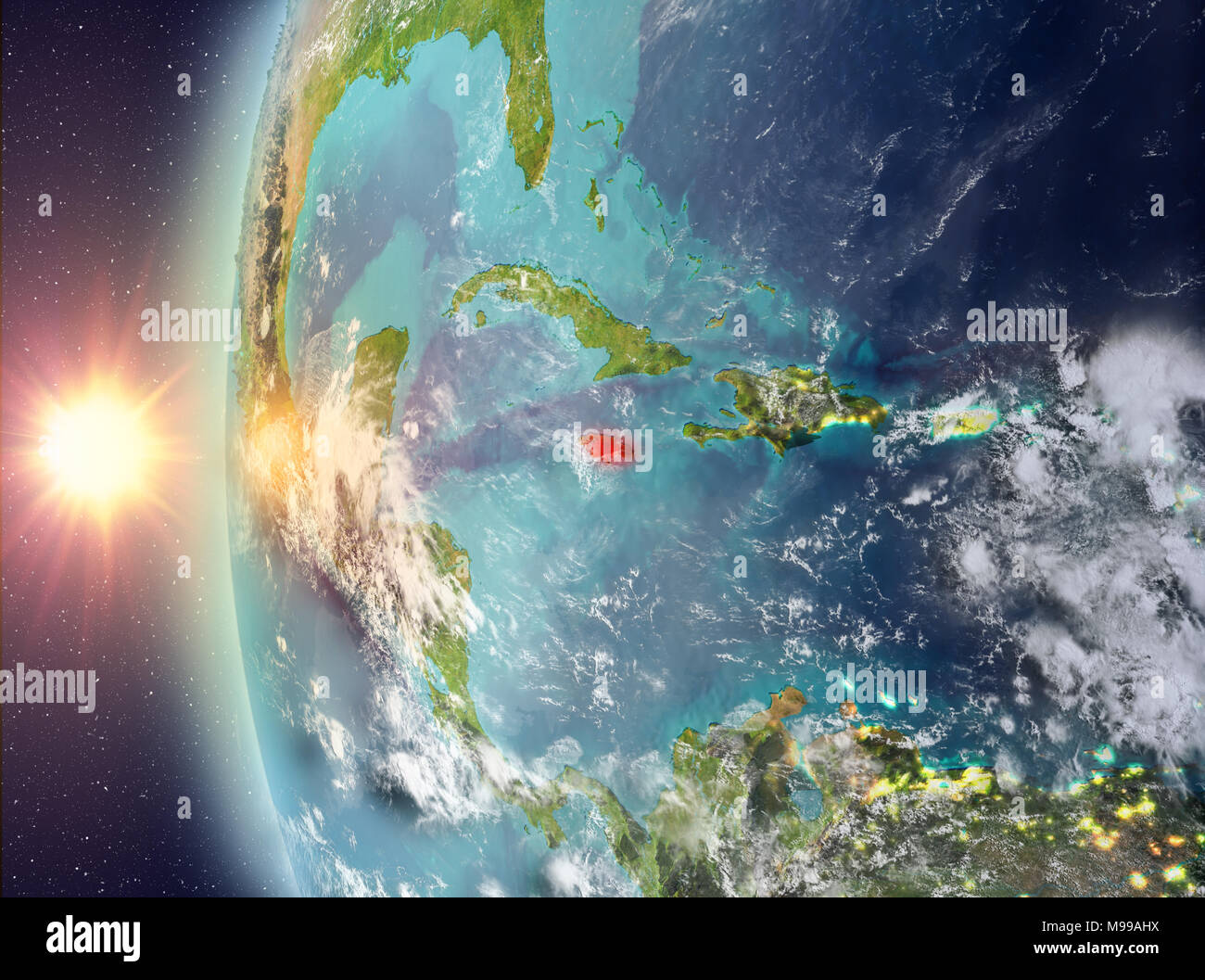 Jamaica as seen from space on planet Earth during sunset. 3D ...