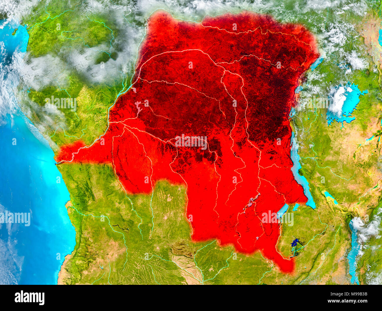 Democratic Republic of Congo highlighted in red on planet Earth. 3D ...