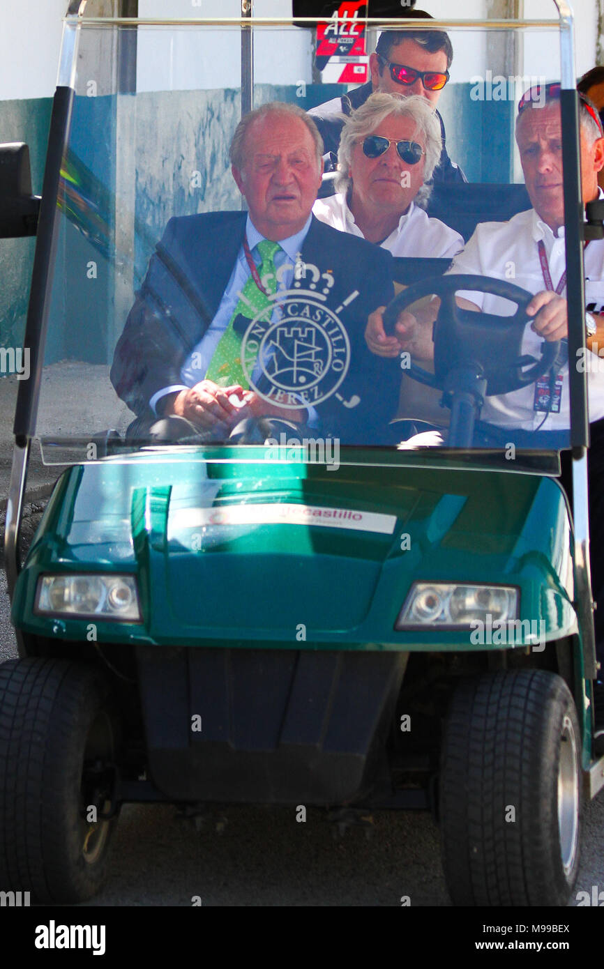 King Juan Carlos I with champion Angel Nieto , on service road, moto3, moto2, motoGP, Jerez de la Frontera Stock Photo