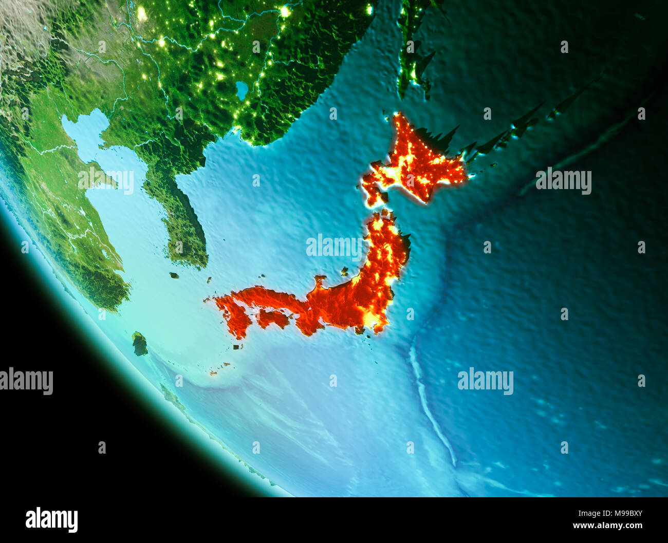 Japan in red on planet Earth as seen from space on full sphere. 3D