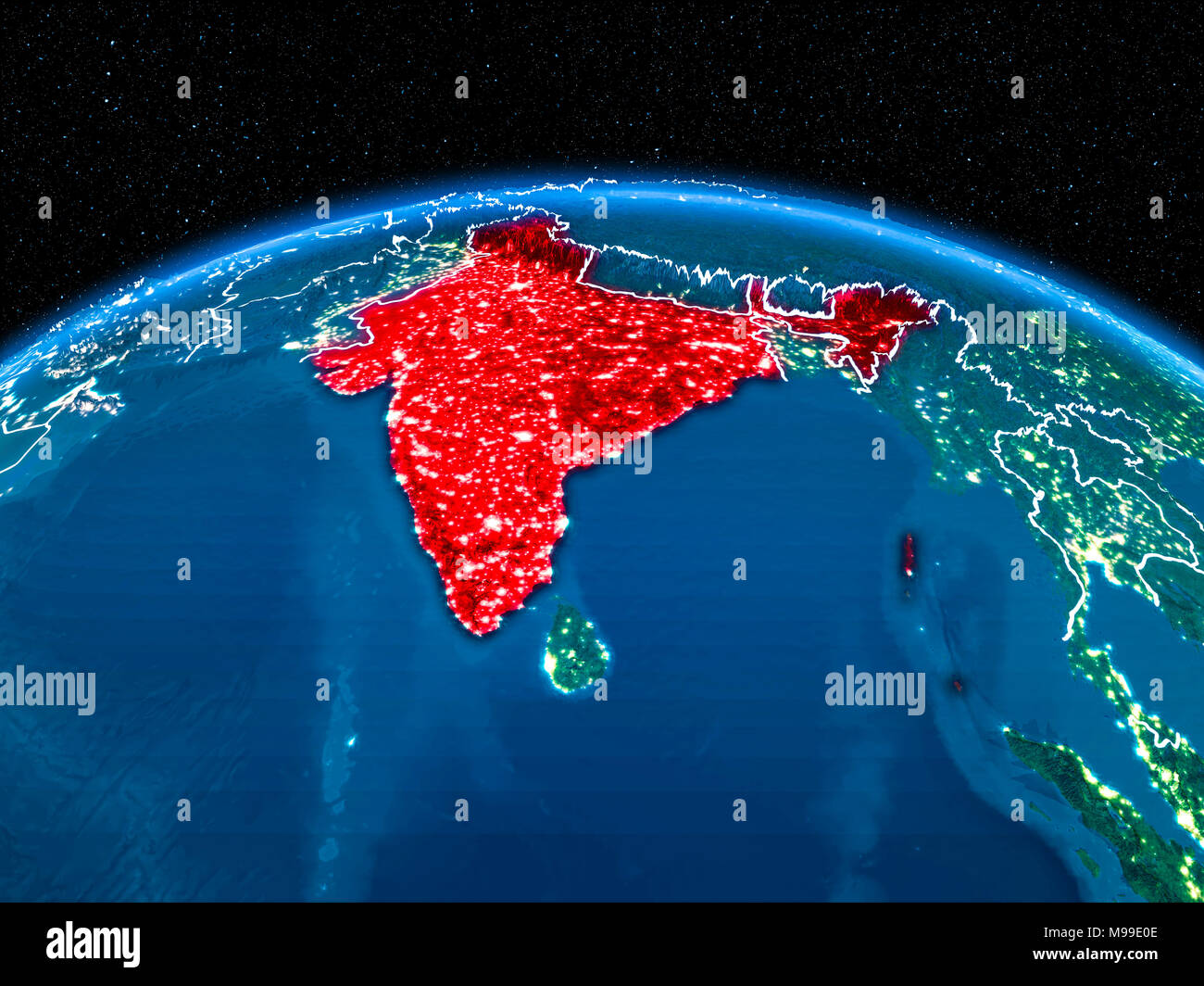 India Highlighted On World Map Hi Res Stock Photography And Images Alamy Orbit View Of India Highlighted In Red With Visible Borderlines And City Lights On Planet Earth At Night 3d Illustration Elements Of This Image Furn M99E0E