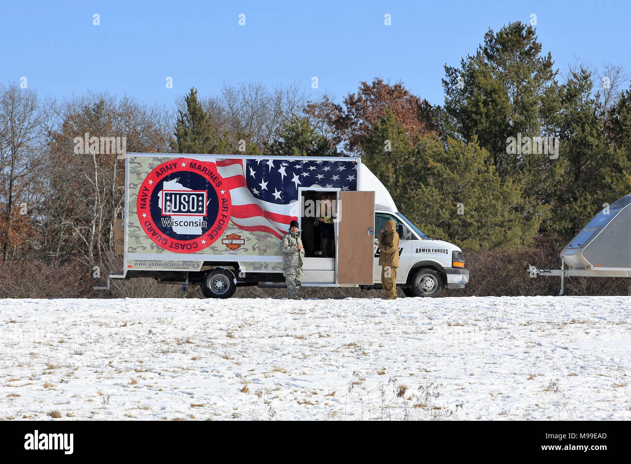 Service members at Fort McCoy, Wis., for training visit a mobile USO Wisconsin station/truck Feb. 14, 2018, on South Post at the installation. USO Wisconsin Inc. is a 501(c)(3) nonprofit organization. It currently operates six centers in Wisconsin that serve more than 25,000 military Families throughout the state. The USO has had a continuous presence in Wisconsin since 1943 through the global parent company, USO Inc. The truck is a recent new addition to USO support at the installation. (U.S. Army Stock Photo