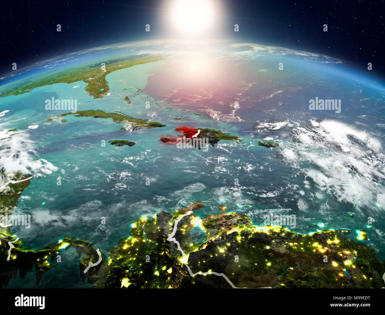 Sunrise above Haiti highlighted in red on model of planet Earth in ...