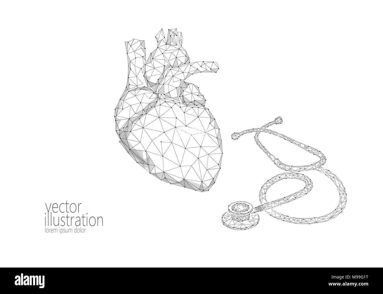 World Heart health Day awareness infarct attack prevent. Medicine low poly render human organ stethoscope polygonal geometric vector illustration art Stock Vector