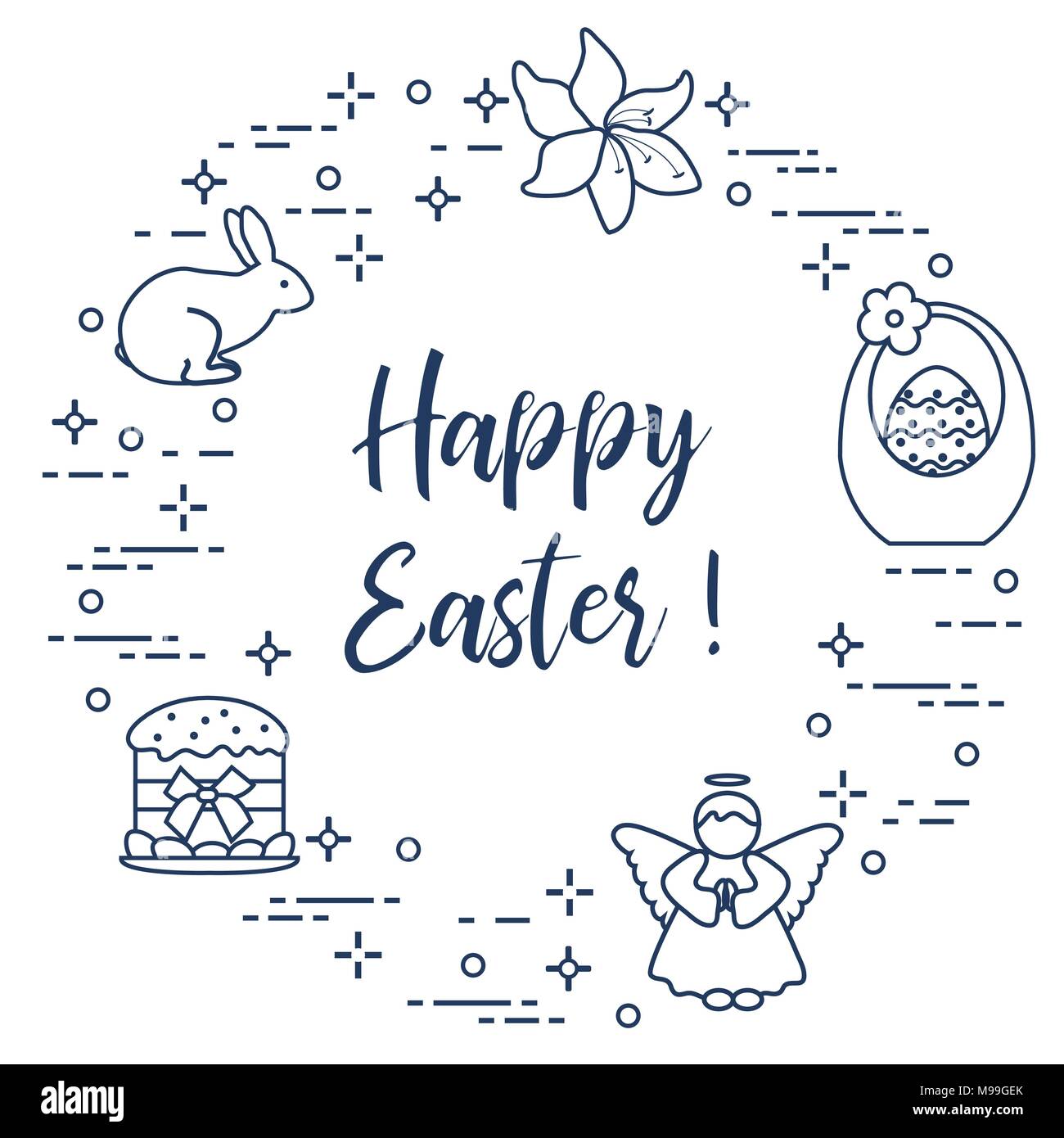 Easter symbols. Easter cake, basket, eggs, rabbit, flowers, angel Stock