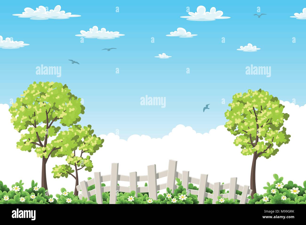 Summer landscape with trees  and fence Stock Vector