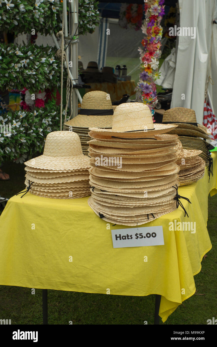 A variety of woven Sunhats for sale at the Cook Island display at Pasifica, Auckland New Zealand. Stock Photo