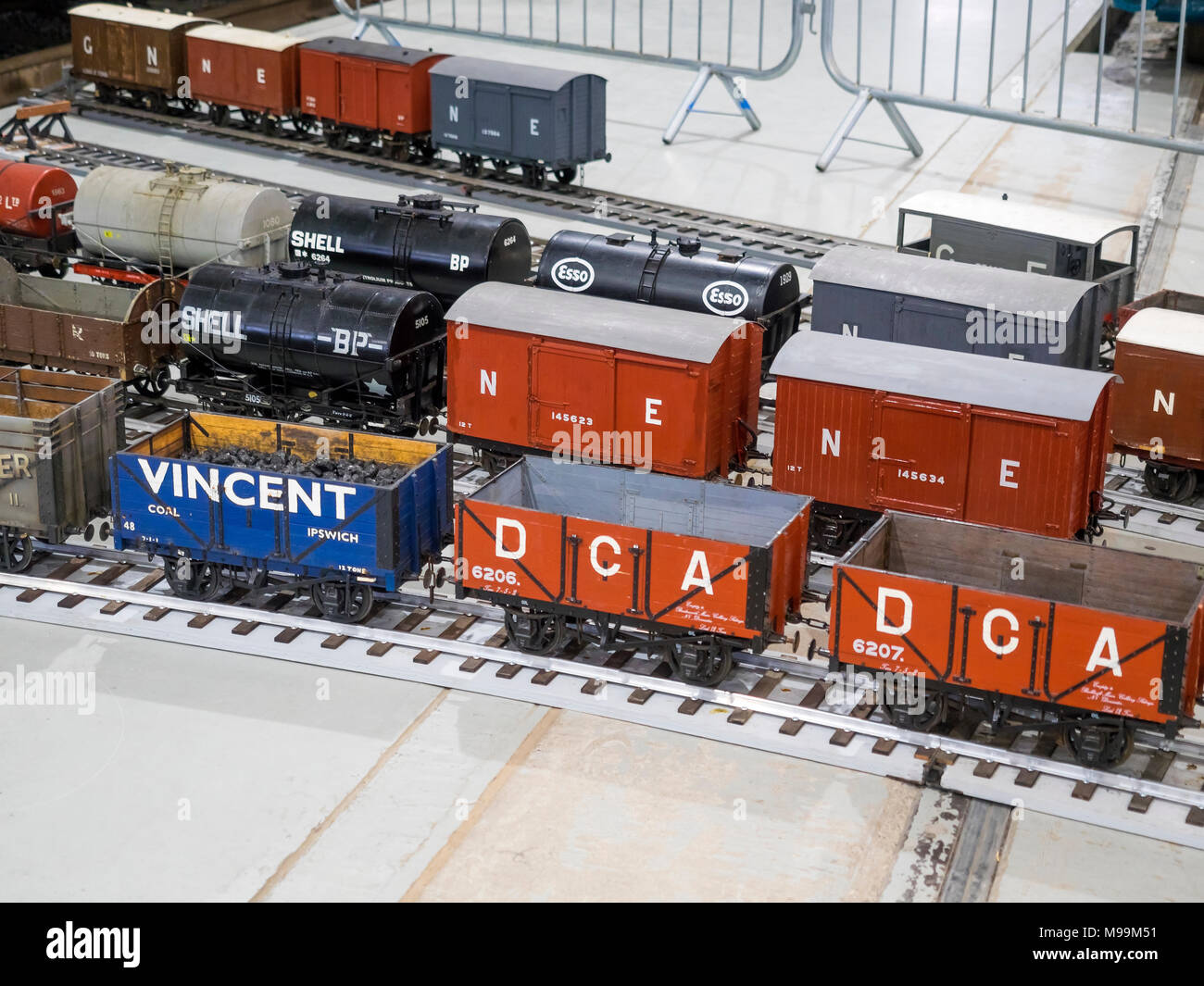 The Ground Level 5' Gauge Mainline Association model train scale model goods wagons of many types in sidings at  NRM Shildon UK Stock Photo