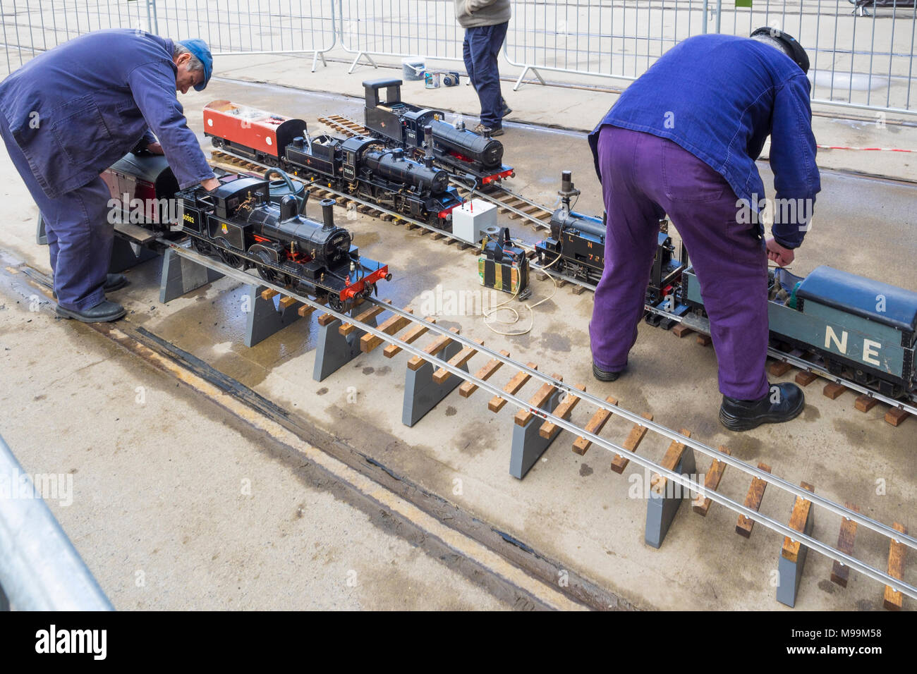 The Ground Level 5' Gauge Mainline Association model train steam locomotives being prepared for running  at the NRM Shildon UK Stock Photo